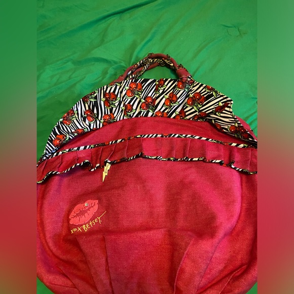 Betsyville by Betsy Johnson LARGE red denim purse with bronze chain & ruffles. - Picture 6 of 8